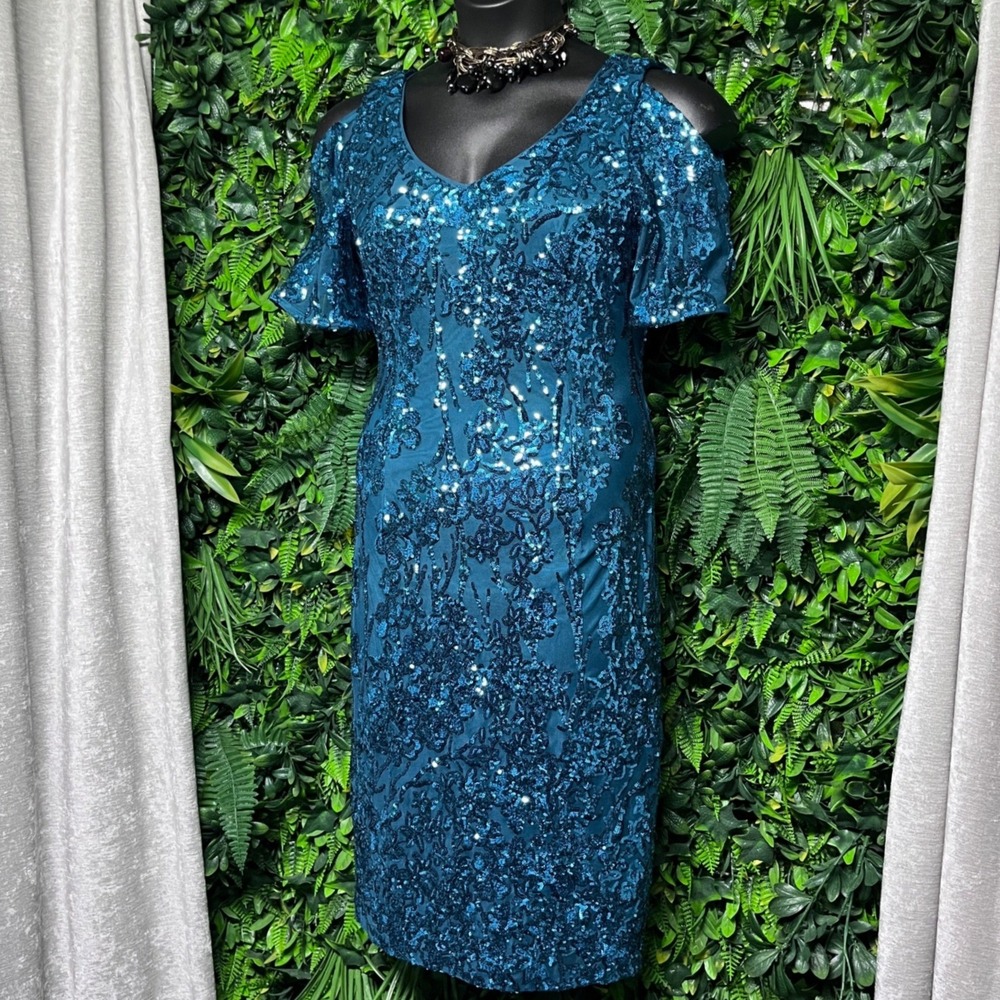 Alex Evenings Dress Size 12 Blue Green Sequin Cold Shoulder Cocktail Sheath 4156